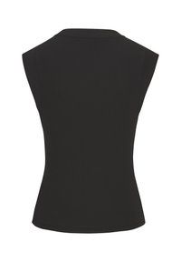Čierny top bez rukávov s rebrovanou textúrou, priliehavý strih a klasický golier. Hladký povrch, minimalistický dizajn, vhodný na vrstvenie.