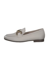 Beige leather loafers featuring a textured surface, rounded toe, and gold-tone hardware accent with a double link design. Flat sole.