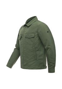 Veste décontractée verte avec fermeture éclair à l'avant, deux poches à rabat sur la poitrine, poches latérales, manches longues et col, présentée sur un fond blanc.