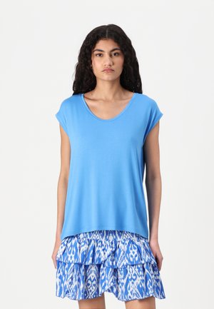 Blue, short-sleeved top with a scoop neckline, paired with a ruffled skirt featuring a blue and white pattern. Soft fabric, relaxed fit.