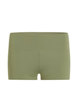 Olijfgroene shorts gemaakt van een glad, rekbaar materiaal. Voorzien van een taille op middelhoogte en een korte snit, zonder zichtbare patronen of hardware.
