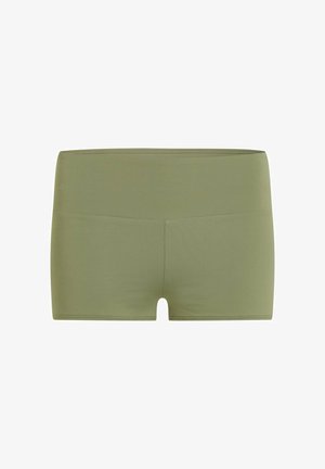 Olijfgroene shorts gemaakt van een glad, rekbaar materiaal. Voorzien van een taille op middelhoogte en een korte snit, zonder zichtbare patronen of hardware.