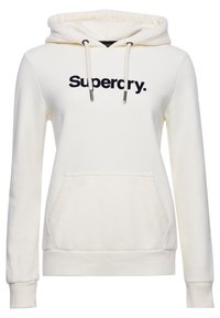 Crèmekleurige hoodie met een buidelzak, verstelbare capuchon met trekkoord en het "Superdry"-logo in marineblauw op de borst. Zacht katoenen materiaal.