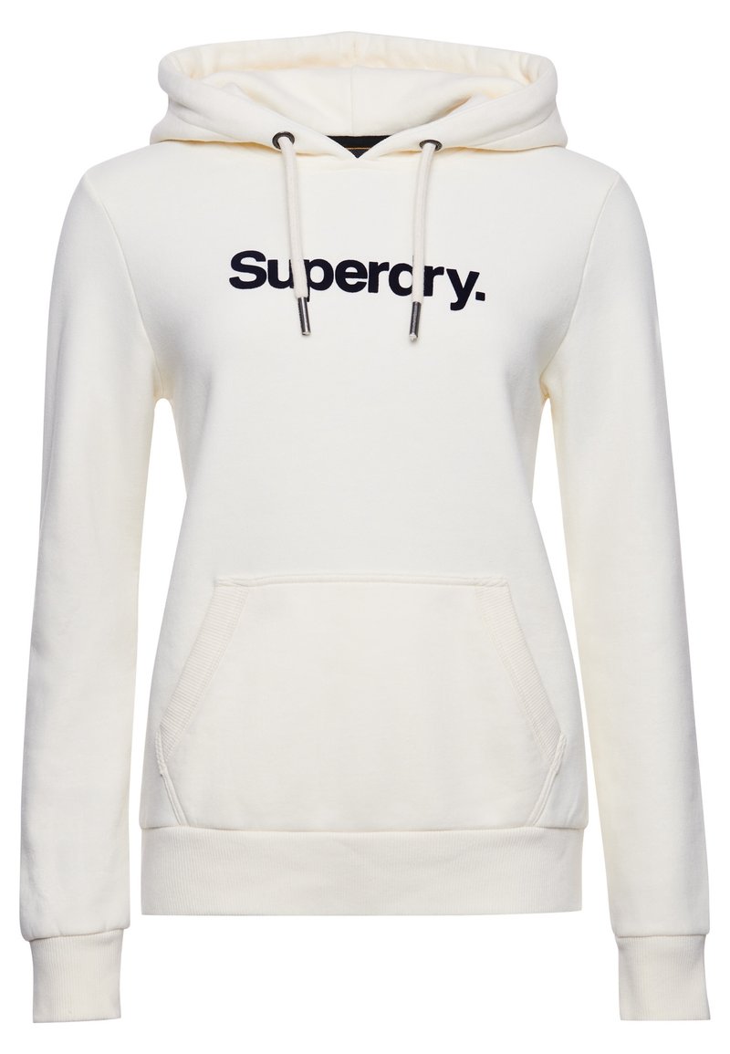 Crèmekleurige hoodie met een buidelzak, verstelbare capuchon met trekkoord en het "Superdry"-logo in marineblauw op de borst. Zacht katoenen materiaal.