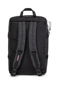 Černý batoh s kostkovaným vzorem v šedé barvě. Obsahuje polstrované popruhy na ramena, horní držadlo a zipové přihrádky. Odolná látka.