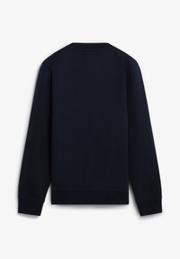 Donkerblauwe sweater met lange mouwen, een ronde halslijn en ribgebreide manchetten. Gladde textuur, minimalistisch ontwerp en geen zichtbare patronen of logo's.