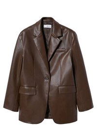 Brązowa żakardowa marynarka z jednym guzikiem, z klapami w kształcie notcha, dwoma przednimi kieszeniami z klapami oraz kieszenią na piersi.