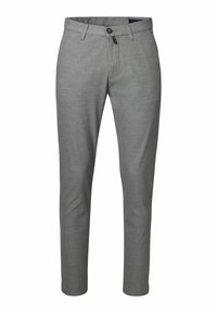 Graue Hosen mit taillierter Passform, Knopfverschluss und glatter Stofftextur. Keine sichtbaren Muster oder Akzente. Schlichtes Frontdesign.