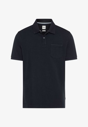 Polo bleu marine à manches courtes avec col, patte à deux boutons et petite poche poitrine sur le côté gauche.