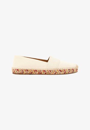 Espadrille beige en toile, chaussure à enfiler, avec semelle en jute tissée multicolore et bout arrondi, vue de côté sur fond blanc.