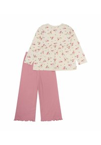 Zweiteiliges Pyjama-Set mit einem cremefarbenen Oberteil mit floralem Muster und langen Ärmeln, kombiniert mit rosa weitem Hosen mit gewellten Säumen.