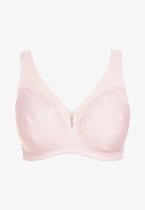 Jasnoróżowy biustonosz z koronkowymi detalami w kwiatowy wzór na miseczkach, szerokimi ramiączkami oraz małym dekoracyjnym kamieniem na środku przodu. Gładka tekstura materiału.