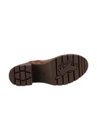 Semelle de botte en cuir marron avec un profilé à motifs. Présente un logo de cheval moulé et un matériau en caoutchouc pour une bonne adhérence et durabilité.