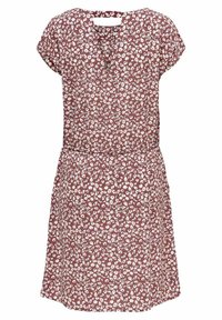Blumenmusterkleid in Burgunderrot mit weißen, kleinen Blumenmotiven. Kurze Ärmel, runder Ausschnitt und eine geraffte Taille für eine lockere Passform.