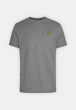 Gray short-sleeve t-shirt made of cotton, featuring a round neck and a small yellow embroidered bird logo on the left chest.