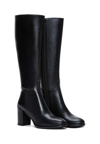Bottes noires montantes en cuir lisse, dotées d'un talon bloc, d'un bout arrondi et d'une fermeture éclair sur le côté pour un enfilage facile.