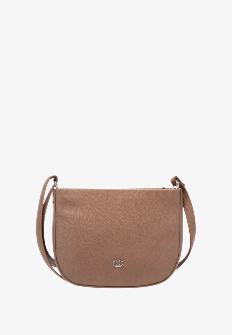 Sac bandoulière en cuir marron avec une surface texturée, quincaillerie en argent et un design minimaliste. Doté d'une bandoulière réglable.