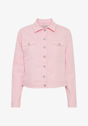 Rózsaszín farmerdzseki, galléros nyakkal, elülső gombos záródással, két mellzsebbel és ezüst színű kiegészítőkkel.