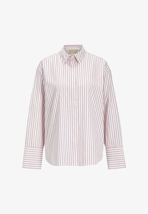 Valkoinen paita, jossa on ohuita punaisia pystyraitoja, kaulus, pitkät hihat, joissa on raidoitusta hihojen päässä, valmistettu sileästä kankaasta rakenteellisen ilmeen saavuttamiseksi.