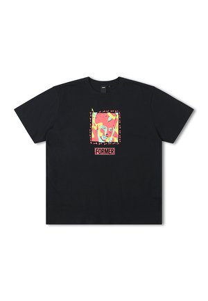 Black cotton T-shirt with short sleeves, featuring a colorful graphic design in a square frame and the text "FORMER" at the bottom.