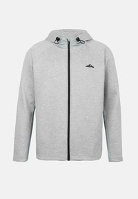 Ανοιχτό γκρι μπουφάν με πλήρες φερμουάρ και κουκούλα, μαύρο φερμουάρ, ρυθμιζόμενα κορδόνια στην κουκούλα και μικρό μαύρο λογότυπο βουνού στο αριστερό στήθος.