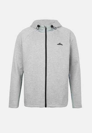 Gaiši pelēka pilna rāvējslēdzēja jaka ar kapuci, melnu rāvējslēdzēju, regulējamām kapuces auklām un nelielu melnu kalna logotipu kreisajā krūtīs.