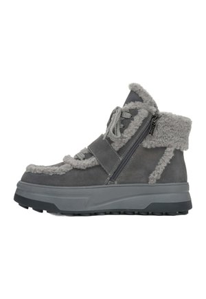 Gray suede ankle boot with faux fur trim, featuring a side zipper, lace-up detail, and a thick rubber sole for traction.