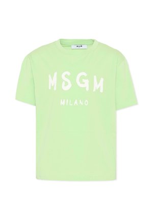 Jasnozielona koszulka z krótkim rękawem z białym nadrukiem "MSGM MILANO" na przodzie i okrągłym dekoltem.