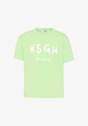 Jasnozielona koszulka z krótkim rękawem z białym nadrukiem "MSGM MILANO" na przodzie i okrągłym dekoltem.