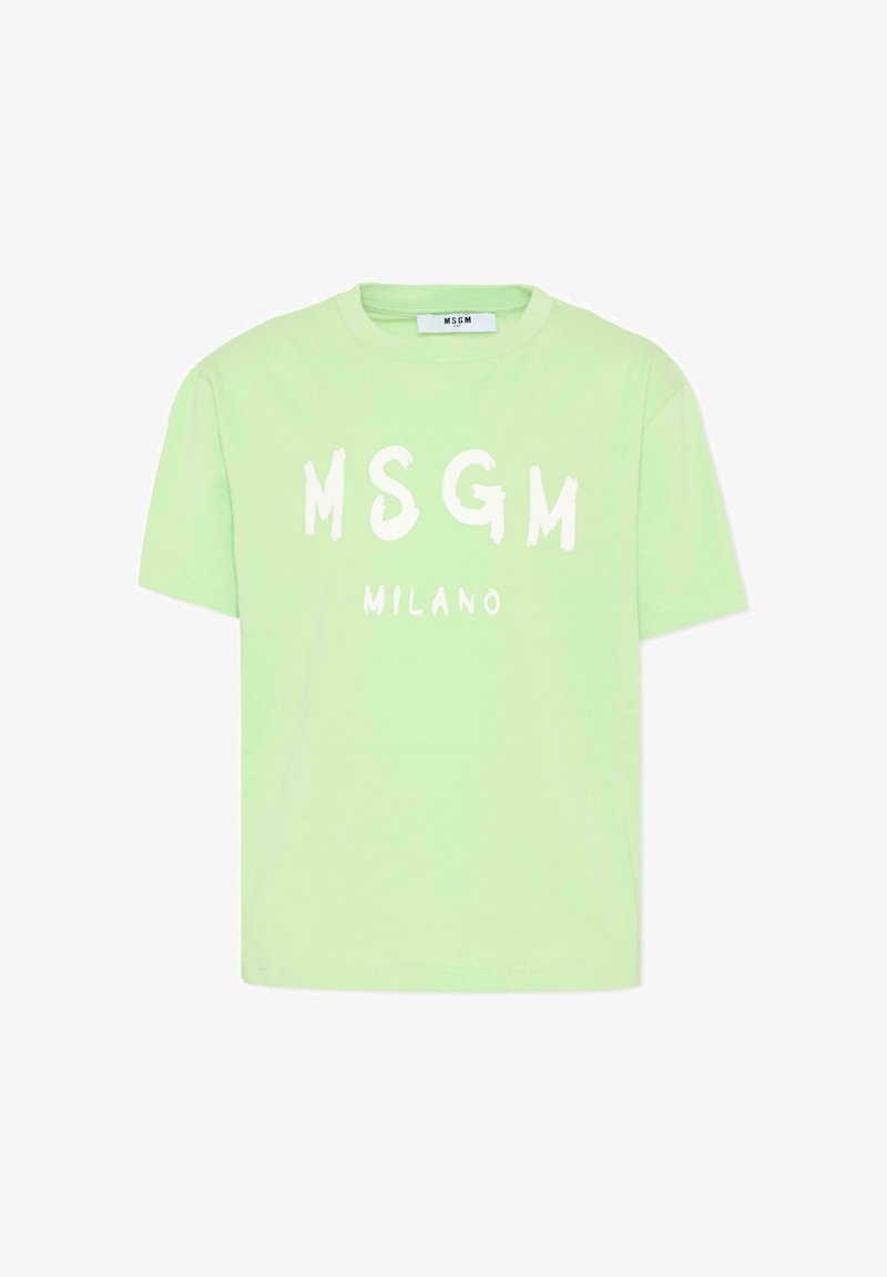 T-shirt vert clair à manches courtes avec le texte blanc "MSGM MILANO" imprimé sur le devant et un col rond.