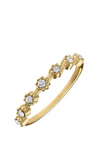 Gouden ring met een gestructureerde band en bloemaccenten, met vijf heldere edelstenen in het ontwerp gezet, gladde binnenkant voor comfort.