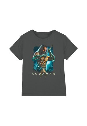 Dark gray T-shirt featuring Aquaman holding a trident with a glowing blue underwater background and "AQUAMAN" text below.