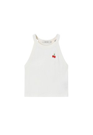 Witte mouwloze cropped top met hoge hals en kleine rode kersenborduursel op de linkerborst.
