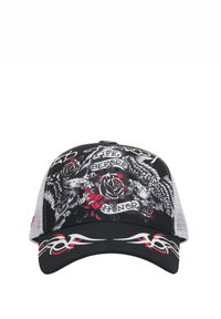 Cappellino nero e grigio con grafica di aquile e rose. Presenta dettagli rossi, una visiera curvata e pannelli laterali in rete per la ventilazione.