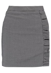 Black and white houndstooth mini skirt with a side ruffle detail and fitted waistband.