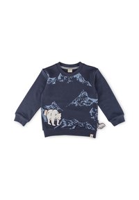 Sweatshirt blu navy con stampa di montagna in blu chiaro, dotato di applicazione di orso bianco, scollatura rotonda e polsini a costine.