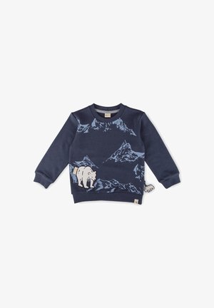 Marineblaue Sweatshirt mit Bergdruck in Hellblau, ausgestattet mit einer weißen Bärenapplikation, rundem Halsausschnitt und gerippten Bündchen.