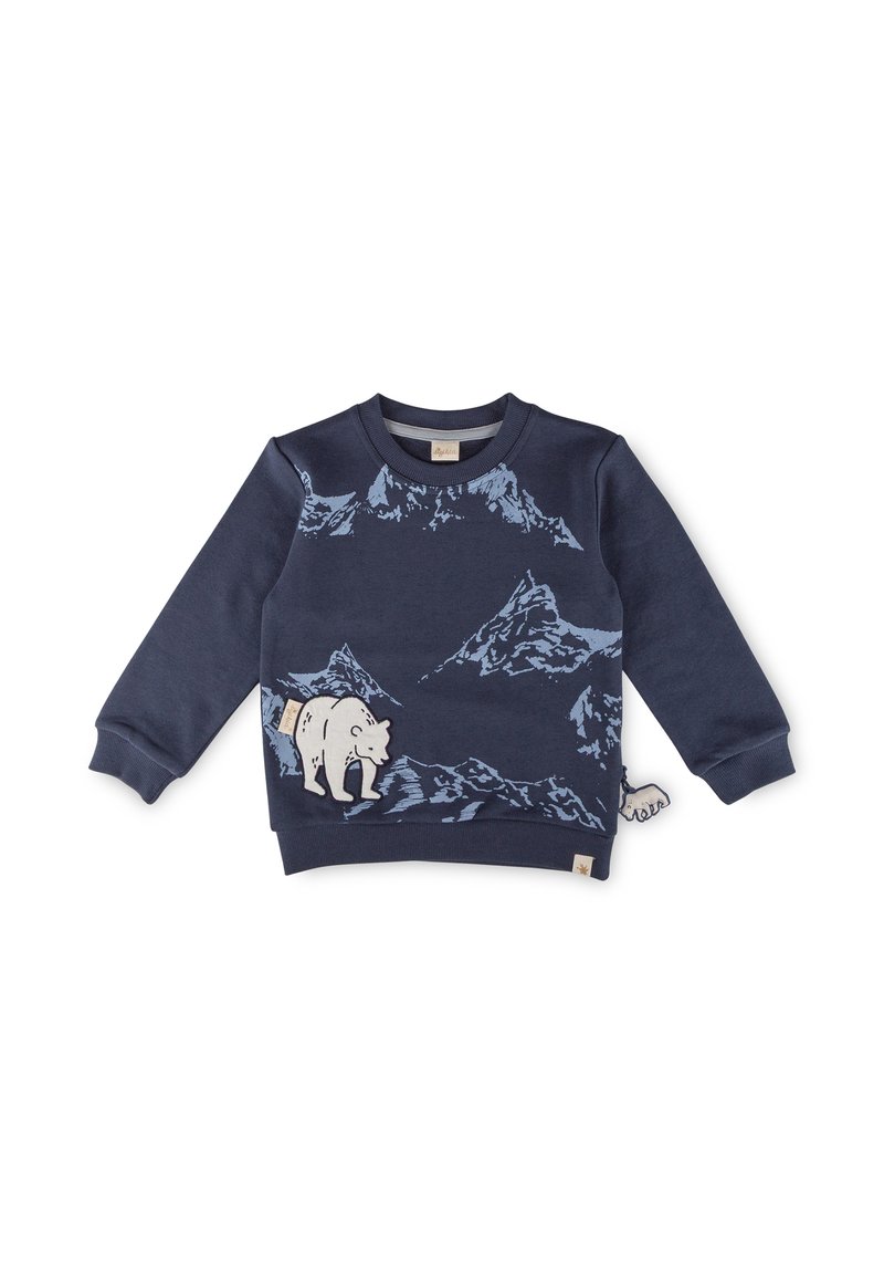 Sweatshirt blu navy con stampa di montagna in blu chiaro, dotato di applicazione di orso bianco, scollatura rotonda e polsini a costine.
