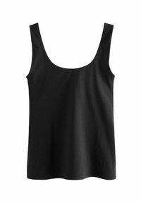 Must have black tank top, mis silkkest kangast, laiad õlavarre rihmad, ümara kaelusega ja lõdva, sirge lõikega disain.