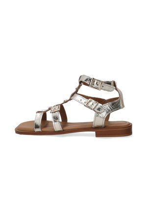 Metalen zilveren platte sandalen hebben meerdere banden, een platte bruine zool en verstelbare gespen voor een stevige pasvorm. Gevoelige oppervlakte details zichtbaar.