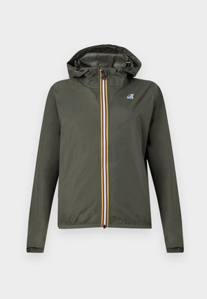 Men's olive green hooded jacket with long sleeves, front zipper featuring yellow, white, and red stripes, and a small logo on the chest.