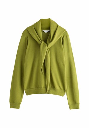 Light green long-sleeve sweater with attached matching scarf tied in front, ribbed cuffs, and hem, laid flat on a white background.