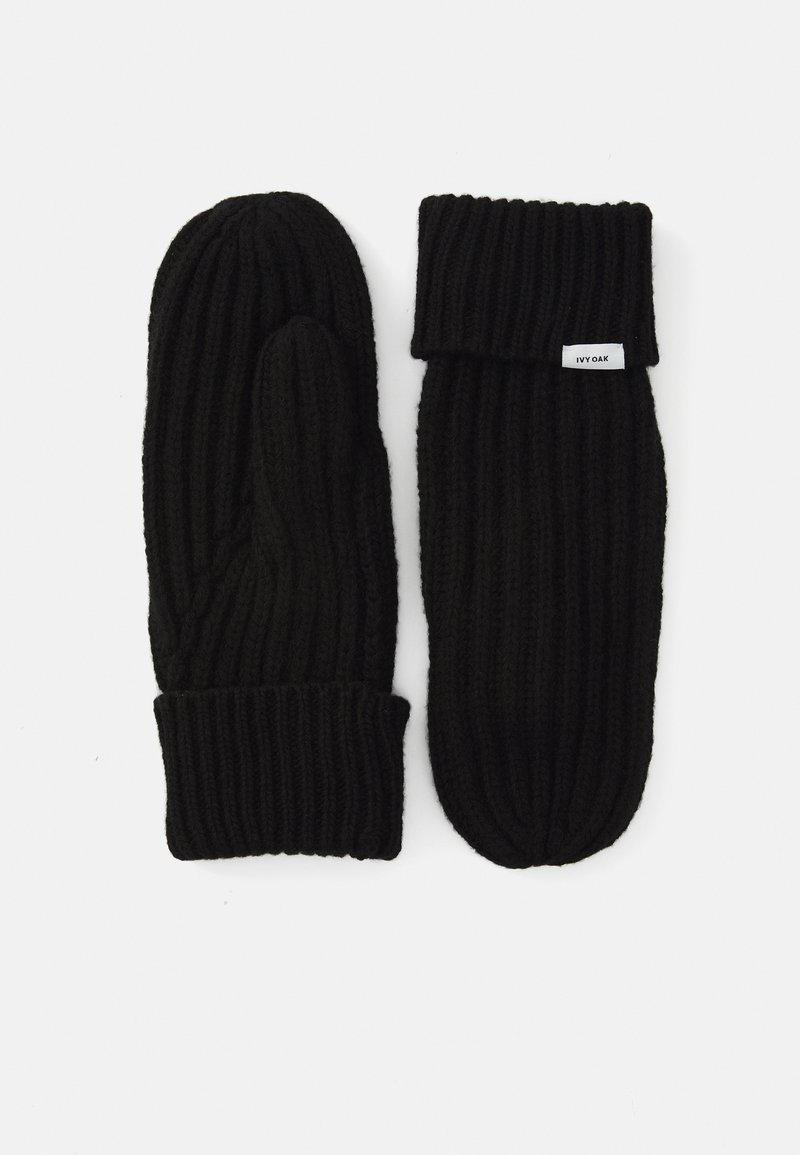Schwarze gestrickte Handschuhe mit gerippter Struktur und umgeschlagenem Bündchen. Das Etikett trägt die Aufschrift "IVY OAK". Beide Handschuhe haben ein einzelnes Fach für die Finger.