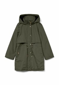 Cappotto lungo verde oliva con cappuccio, dotato di chiusura con zip e bottoni a pressione, vita con cordino e due tasche laterali con accenti dorati.