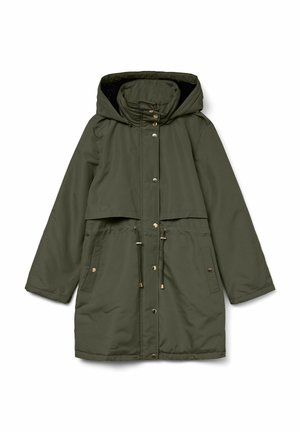 Manteau long vert olive avec une capuche, comportant une fermeture éclair et des boutons pression, une taille à cordon de serrage et deux poches latérales avec des accents dorés.