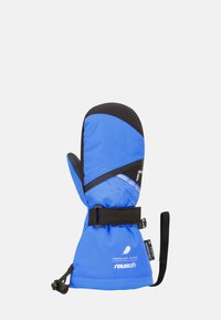 Blaue Nylonhandschuhe mit schwarzen Akzenten, strukturiertem Griff an der Innenfläche, verstellbarem Handgelenkriemen und einer taillierten Oberseite für Isolierung und Wärme.