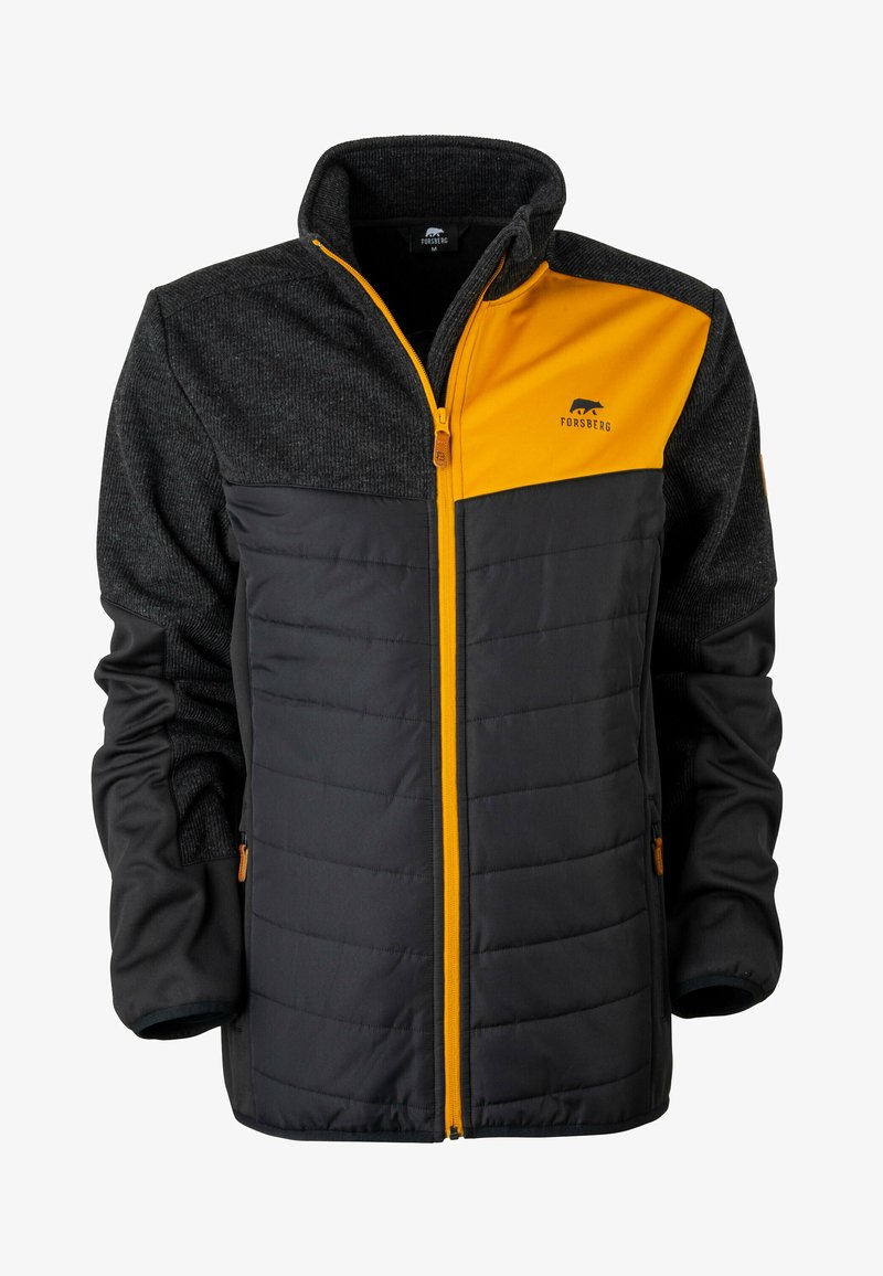 Schwarz-orange Jacke mit einem Reißverschluss vorne, texturierten grauen Schultern, gepolstertem Körper und kontrastierenden orangefarbenen Akzenten am Kragen und Reißverschluss.