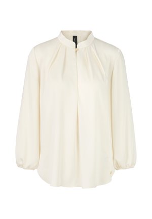Cream-colored blouse made of soft fabric, featuring a mandarin collar, pleated front, and long puff sleeves with elastic cuffs.