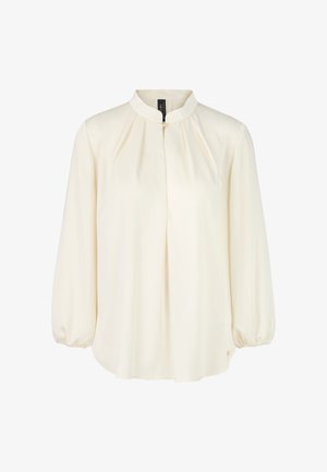 Cream-colored blouse made of soft fabric, featuring a mandarin collar, pleated front, and long puff sleeves with elastic cuffs.