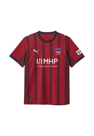 Rot und dunkelrot gestreiftes Fußballtrikot mit kurzen Ärmeln und Rundhalsausschnitt, Puma-Logo auf der Schulter und Sponsor-Logos auf der Brust und den Ärmeln.